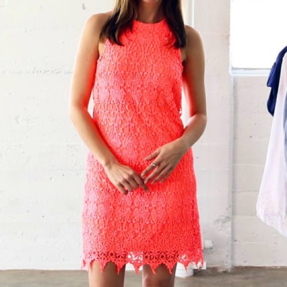 Bebe Neon Lace Sheath Dress Women’s Size M Sleeveless Scalloped Hem Stretch Knit